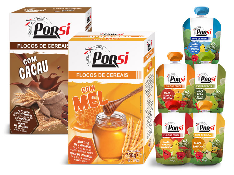 Flocos de Cereais com Cacau e Mel, e Purés Porsi